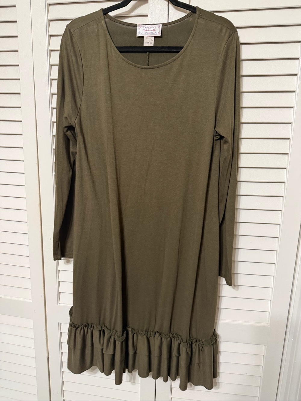 Panhandle Casual Olive Midi Dress with Ruffle Hem and Long Sleeves
